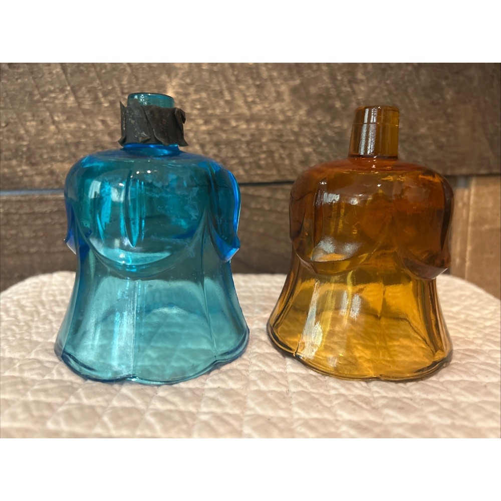 Set of 2 Turquoise Blue & Brown Glass Draped Tulip Peg Cup Votive Candle Holders